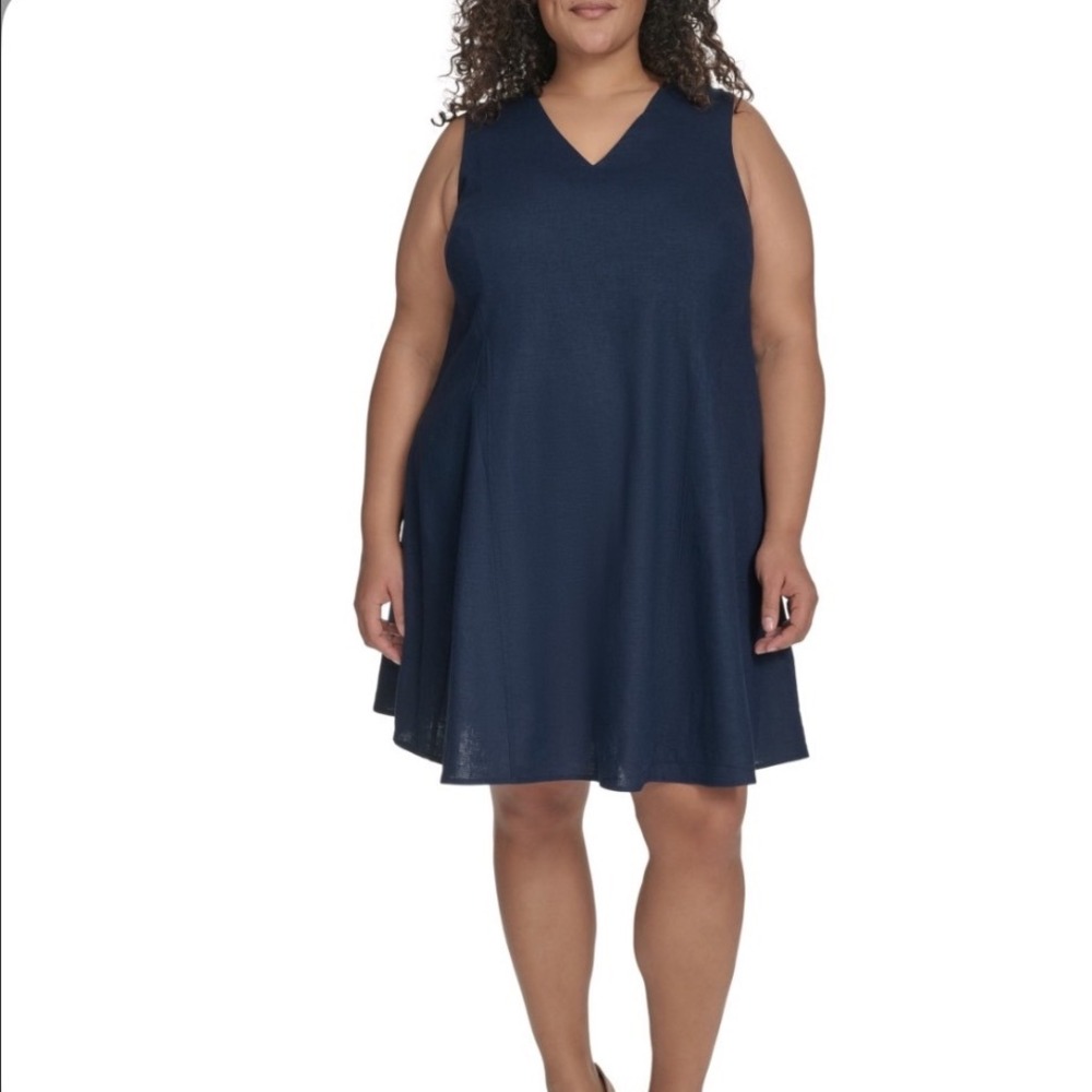 DKNY Dress Womens 18W New Navy Blue Linen Blend V-Neck A-Line MSRP $139